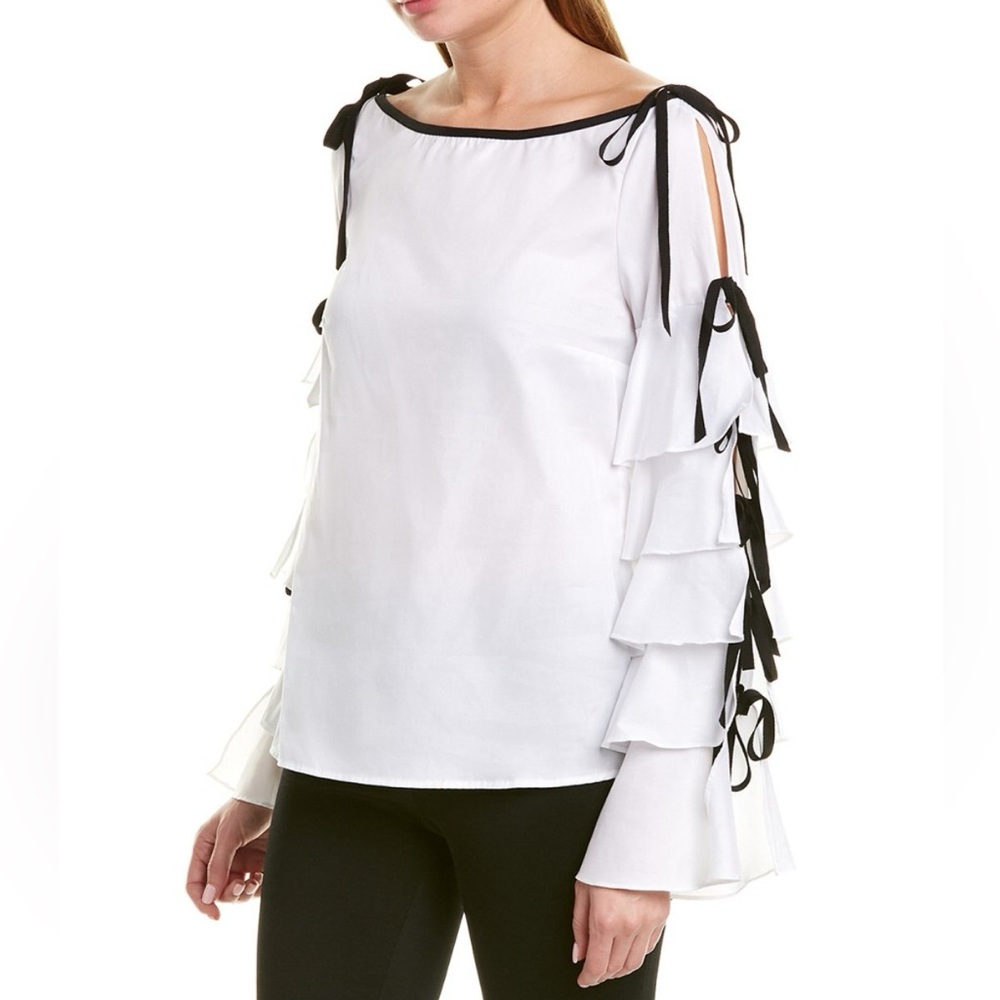 NWT. Petersyn “Suzette” white ruffled top with black trim. Size 8